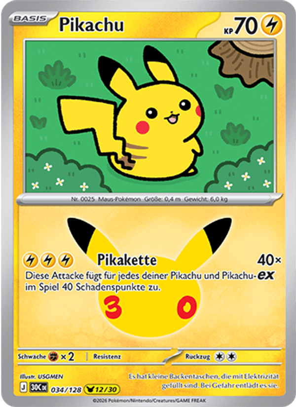 Pikachu 034 — 30 Jahre (German Pokémon TCG card)