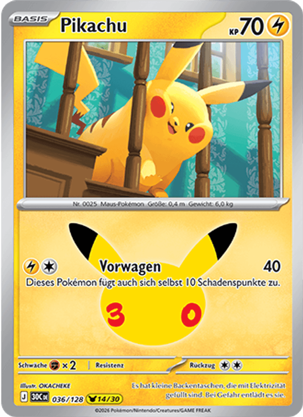 Pikachu 036 — 30 Jahre (German Pokémon TCG card)
