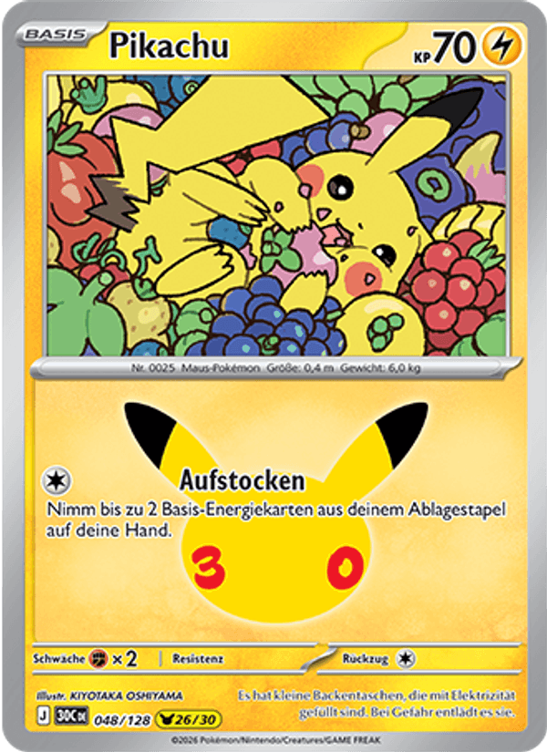 Pikachu 048 — 30 Jahre (German Pokémon TCG card)