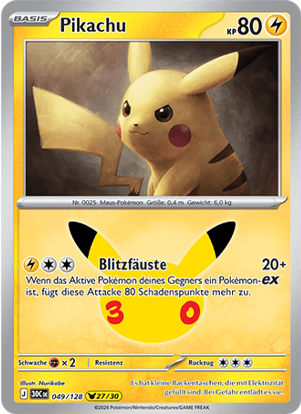 Pikachu 049 — 30 Jahre (German Pokémon TCG card)