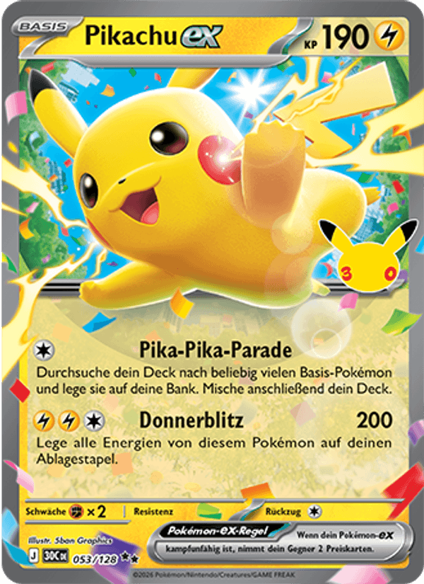 Pikachu-ex 053 — 30 Jahre (German Pokémon TCG card)