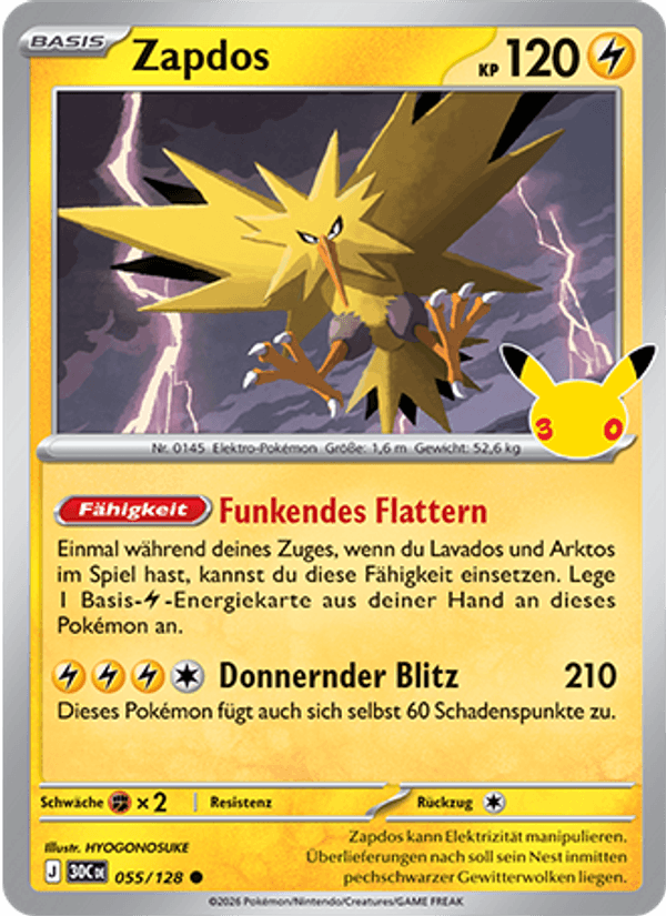 Zapdos 055 — 30 Jahre (German Pokémon TCG card)
