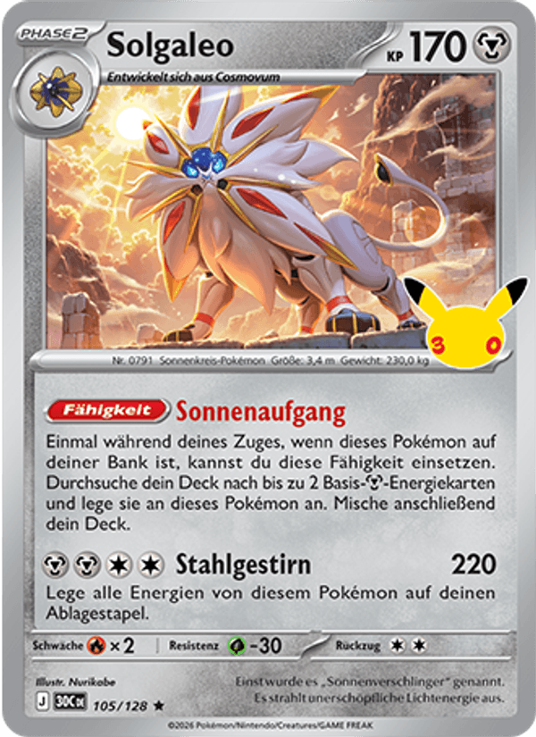 Solgaleo 105 — 30 Jahre (German Pokémon TCG card)