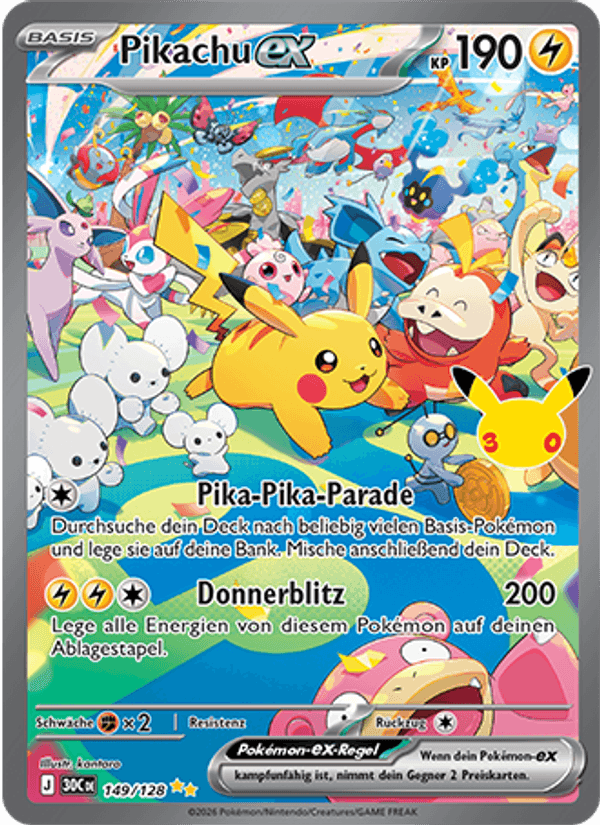 Pikachu-ex 149 — 30 Jahre (German Pokémon TCG card)