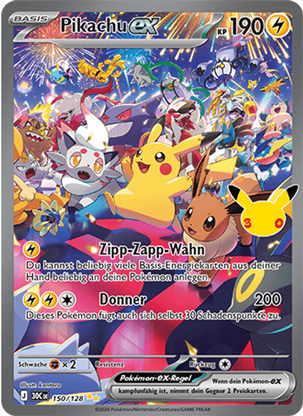 Pikachu-ex 150 — 30 Jahre (German Pokémon TCG card)
