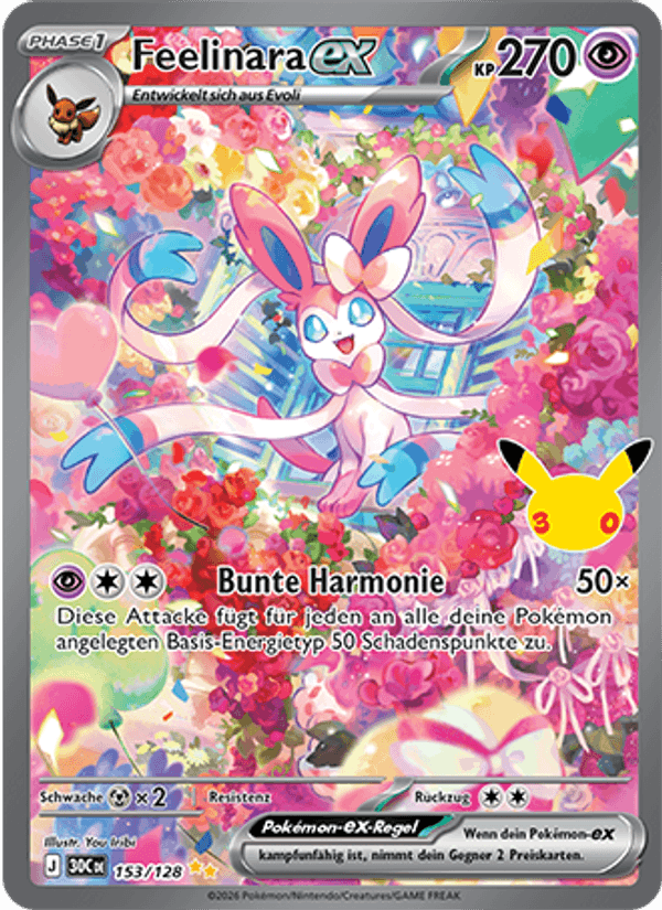 Feelinara-ex 153 — 30 Jahre (German Pokémon TCG card)