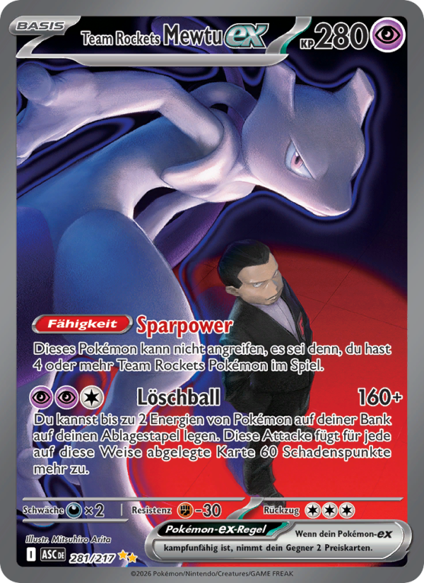Team Rockets Mewtu-ex 281 — Erhabene Helden (German Pokémon TCG card)