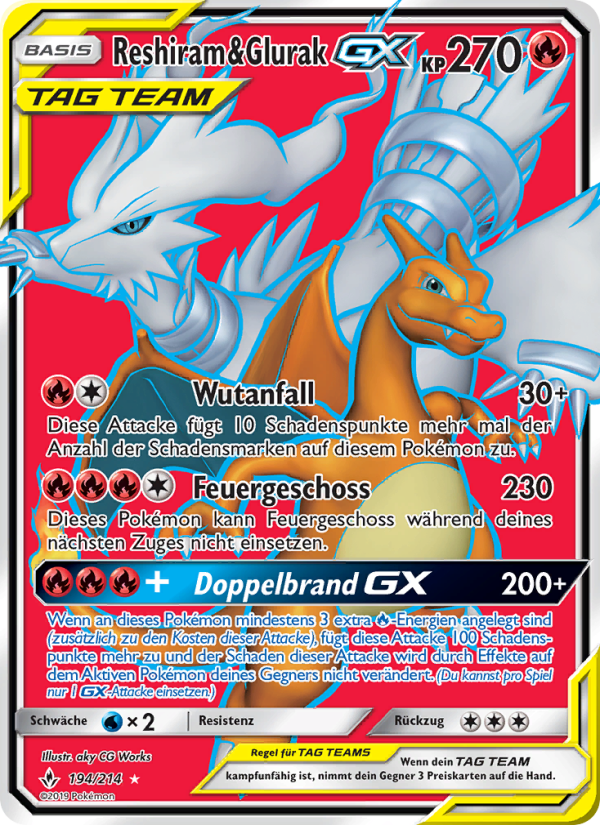 Reshiram & Glurak GX 194 — Unbroken Bonds (German Pokémon TCG card)