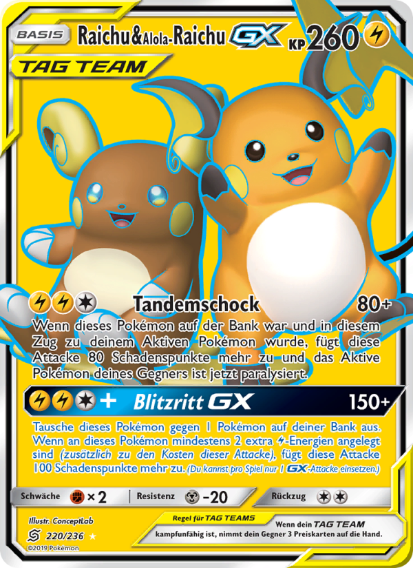 Raichu & Alola-Raichu GX 220 — Unified Minds (German Pokémon TCG card)