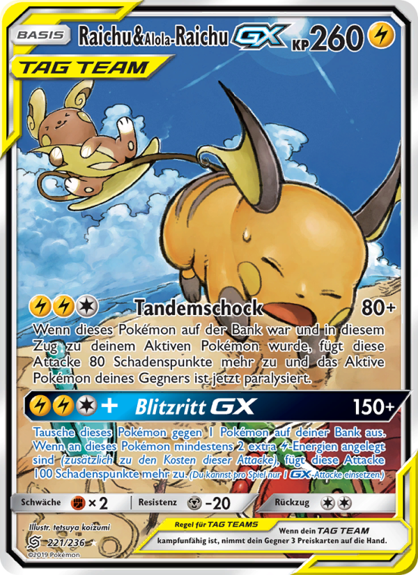 Raichu & Alola-Raichu GX 221 — Unified Minds (German Pokémon TCG card)