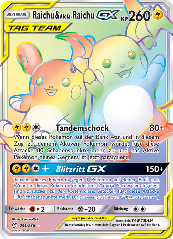 Raichu & Alola-Raichu GX 241 — Unified Minds (German Pokémon TCG card)