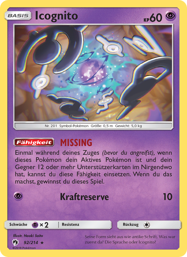 Icognito 92 — Lost Thunder (German Pokémon TCG card)