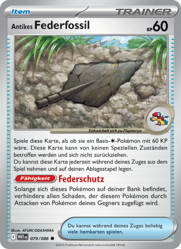 Antikes Federfossil 079 — Weiße Flammen (German Pokémon TCG card)