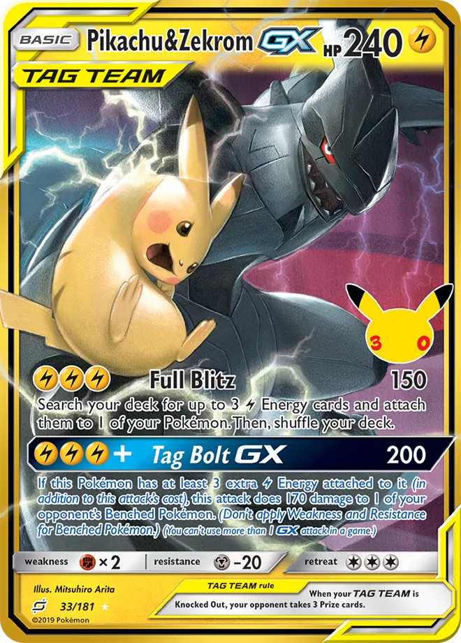 Pikachu & Zekrom-GX 33/181 — 30th Celebration (English Pokémon TCG card)