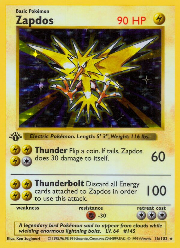 Zapdos 016 — Base Set (Shadowless) (English Pokémon TCG card)
