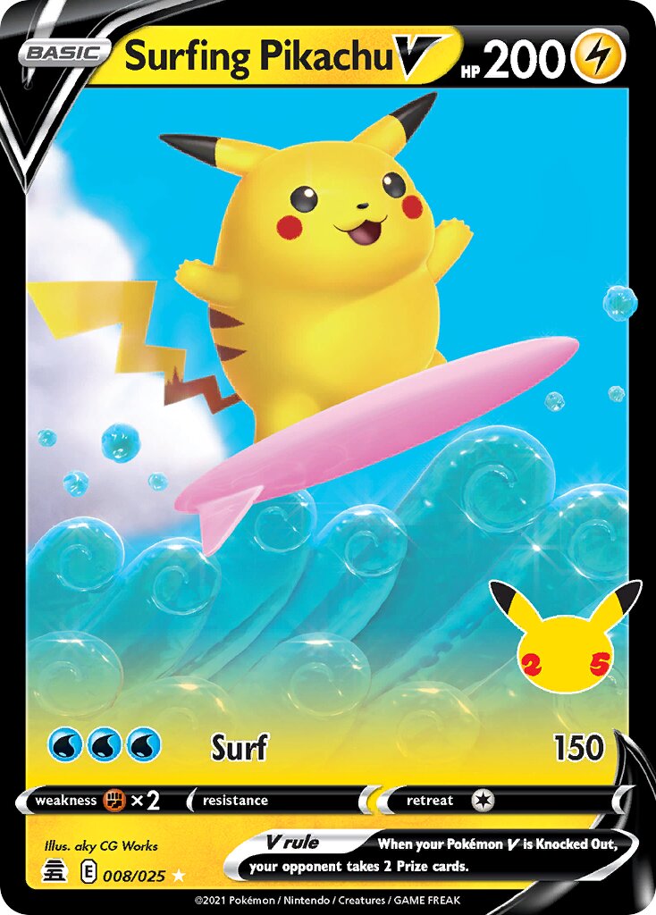 Surfing Pikachu V 008/50 — Celebrations (English Pokémon TCG card)