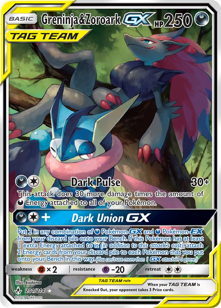 Greninja & Zoroark-GX 201/214 — Unbroken Bonds (English Pokémon TCG card)
