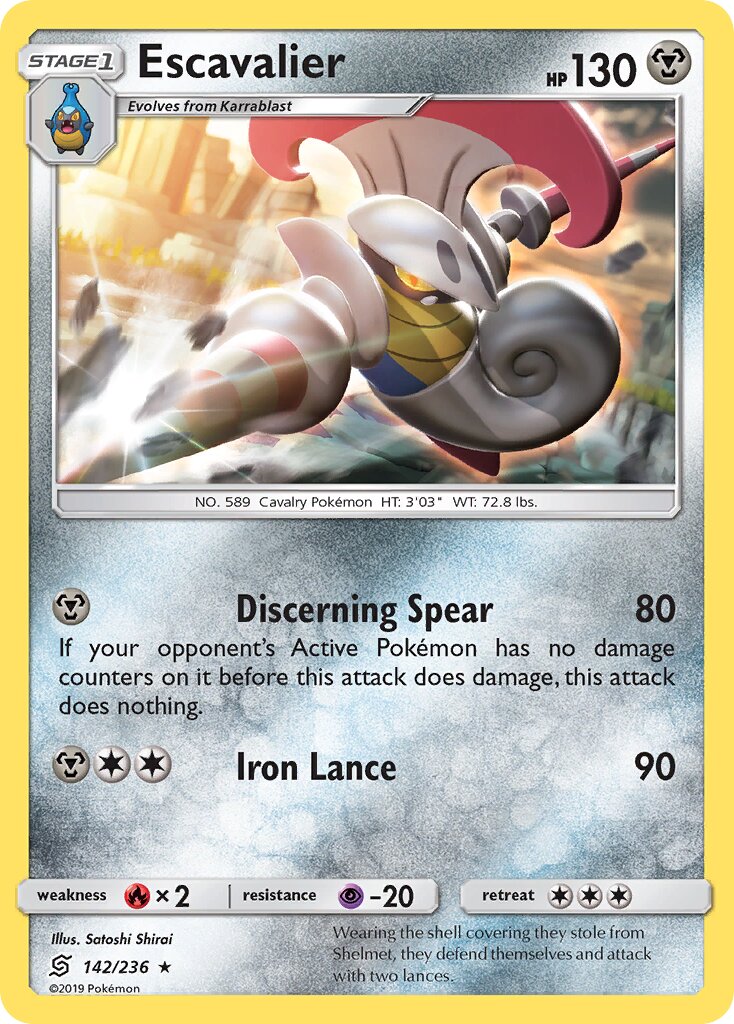 Escavalier 142/236 — Unified Minds (English Pokémon TCG card)
