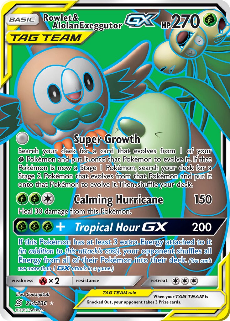 Rowlet & Alolan Exeggutor-GX 214/236 — Unified Minds (English Pokémon TCG card)