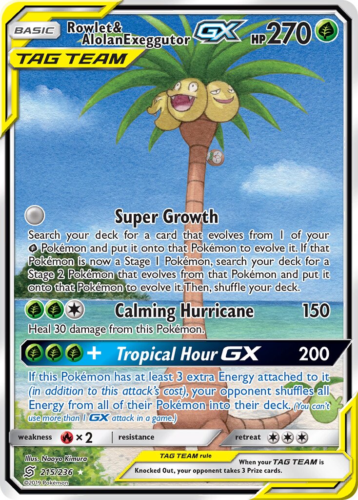 Rowlet & Alolan Exeggutor-GX 215/236 — Unified Minds (English Pokémon TCG card)