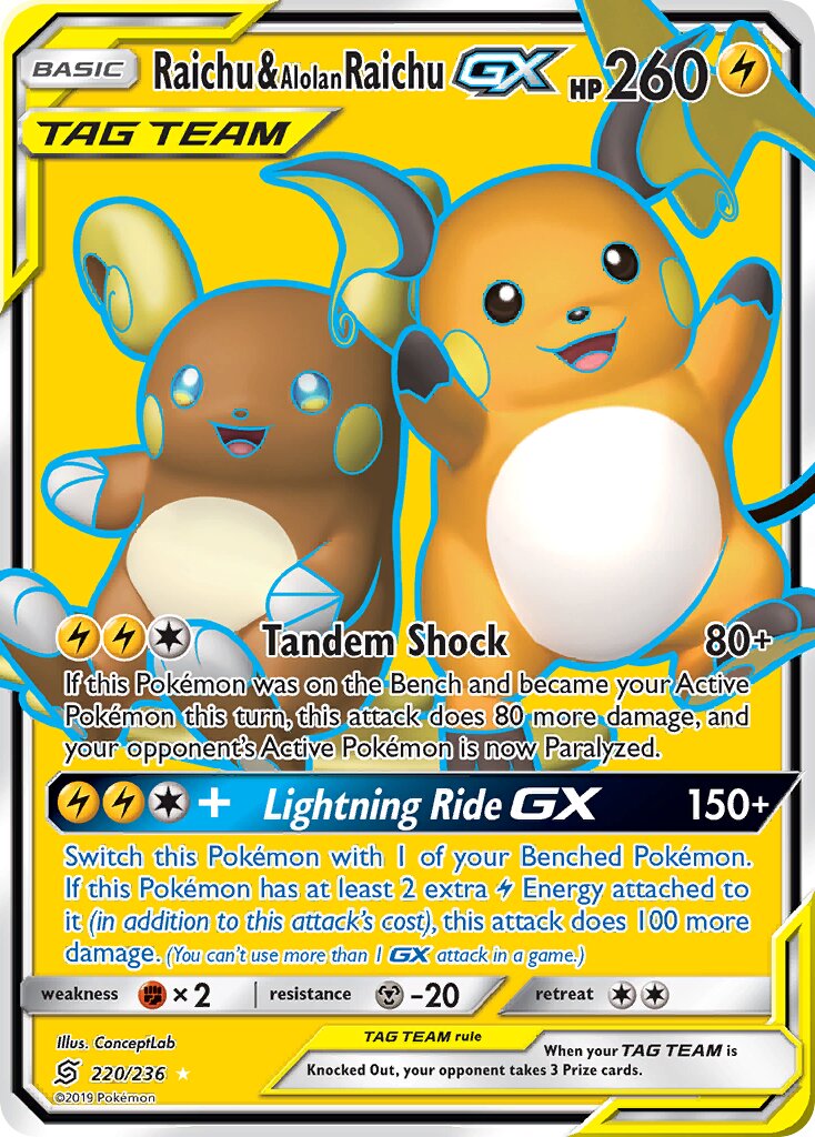 Raichu & Alolan Raichu-GX 220/236 — Unified Minds (English Pokémon TCG card)