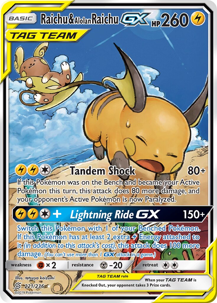 Raichu & Alolan Raichu-GX 221/236 — Unified Minds (English Pokémon TCG card)