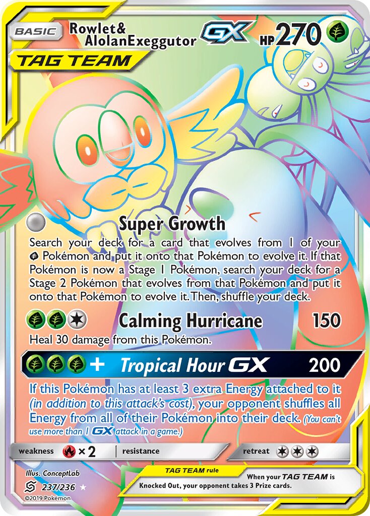 Rowlet & Alolan Exeggutor-GX 237/236 — Unified Minds (English Pokémon TCG card)