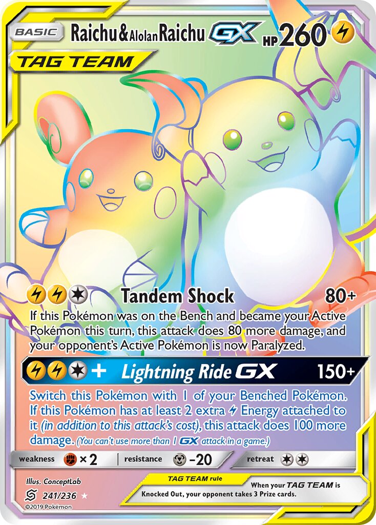 Raichu & Alolan Raichu-GX 241/236 — Unified Minds (English Pokémon TCG card)
