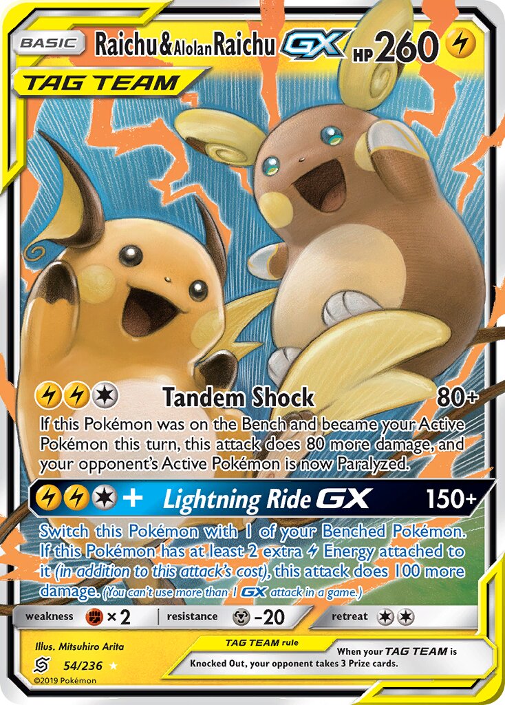 Raichu & Alolan Raichu-GX 054/236 — Unified Minds (English Pokémon TCG card)