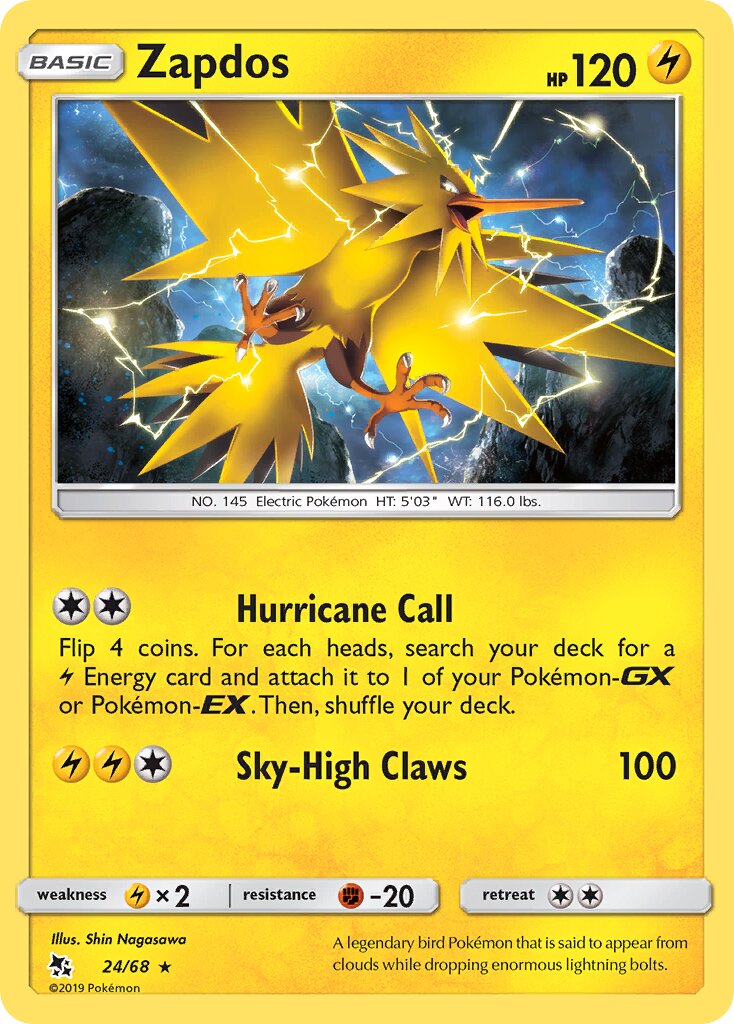 Zapdos 024 — Hidden Fates (English Pokémon TCG card)