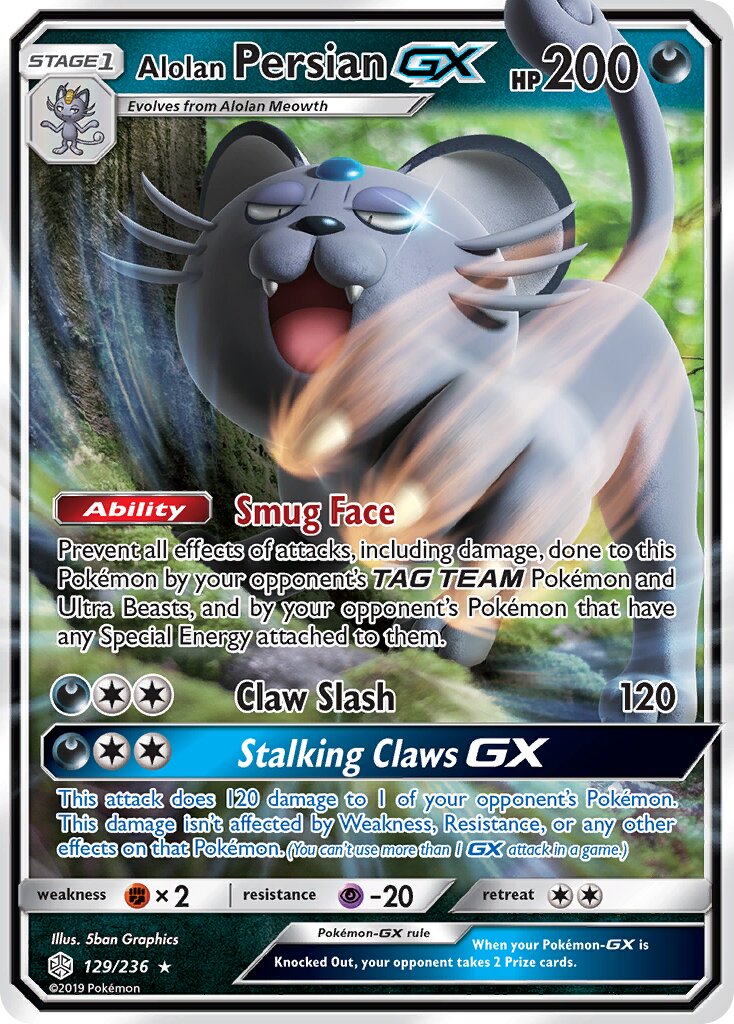 Alolan Persian-GX 129/236 — Cosmic Eclipse (English Pokémon TCG card)
