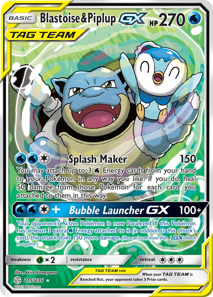 Blastoise & Piplup-GX 215/236 — Cosmic Eclipse (English Pokémon TCG card)