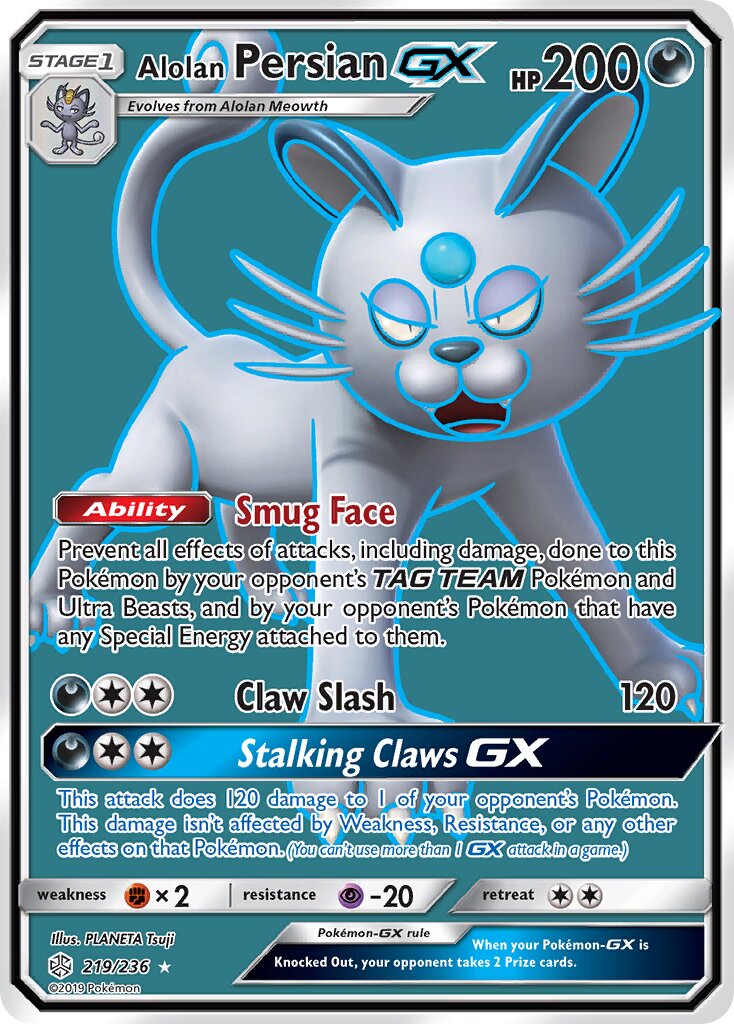 Alolan Persian-GX 219/236 — Cosmic Eclipse (English Pokémon TCG card)