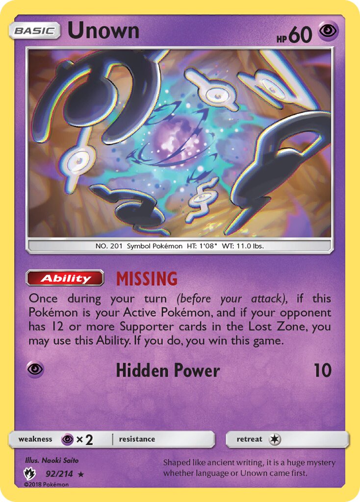 Unown 092/214 — Lost Thunder (English Pokémon TCG card)