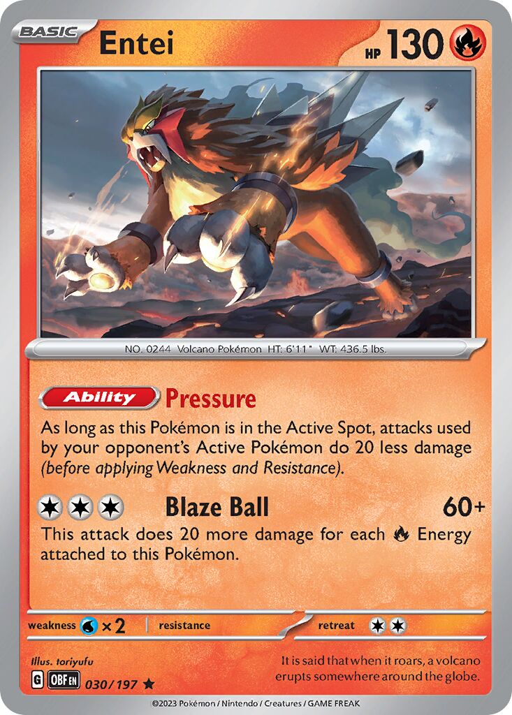 Entei 030/197 — Obsidian Flames (English Pokémon TCG card)