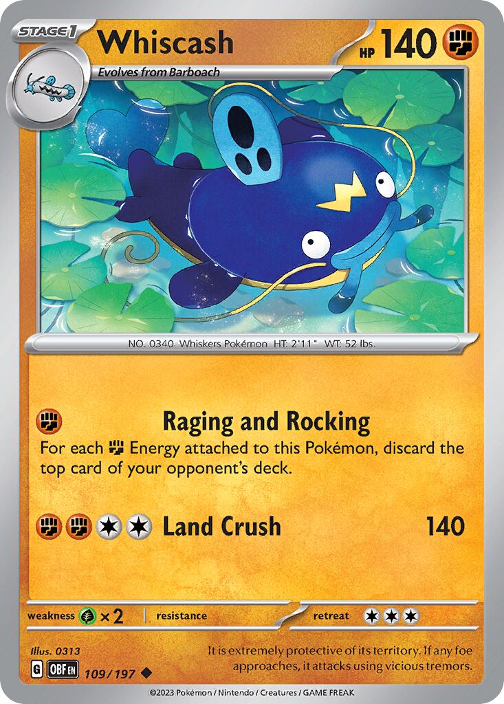 Whiscash 109/197 — Obsidian Flames (English Pokémon TCG card)