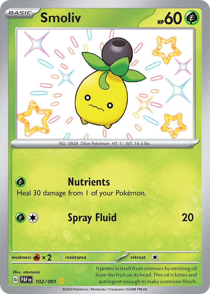 Smoliv 102/91 — Paldean Fates (English Pokémon TCG card)