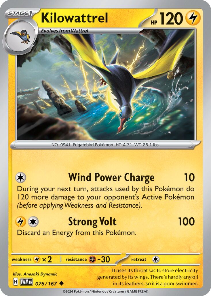 Kilowattrel 076/167 — Twilight Masquerade (English Pokémon TCG card)
