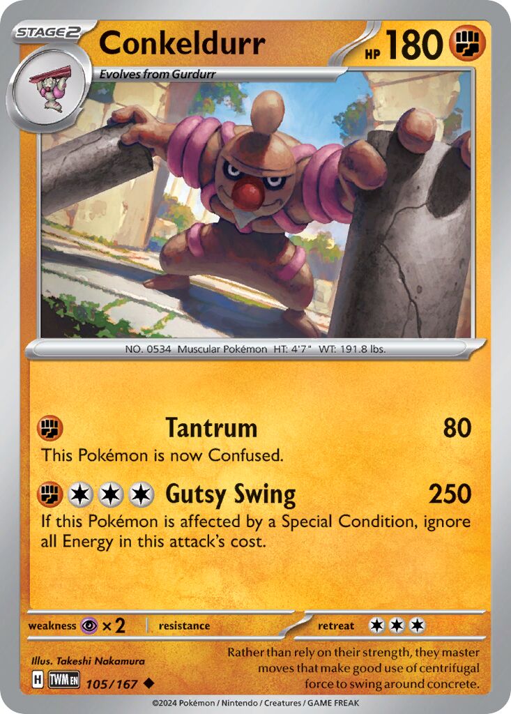 Conkeldurr 105/167 — Twilight Masquerade (English Pokémon TCG card)