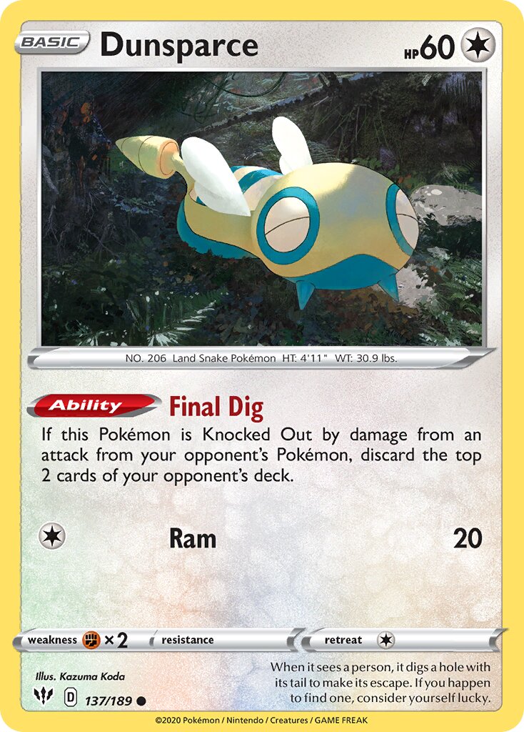 Dunsparce 137/189 — Darkness Ablaze (English Pokémon TCG card)
