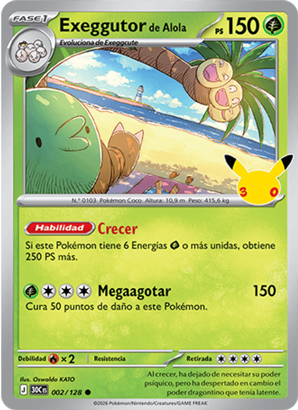 Exeggutor de Alola 002 — 30 Jahre (Spanish Pokémon TCG card)