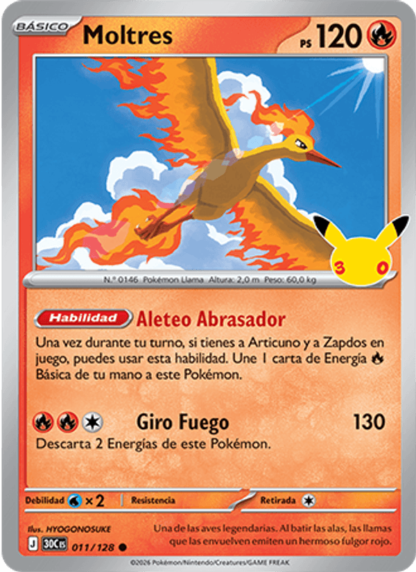 Moltres 011 — 30 Jahre (Spanish Pokémon TCG card)