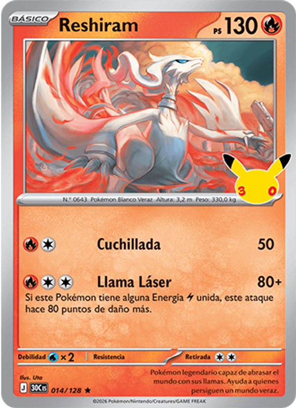 Reshiram 014 — 30 Jahre (Spanish Pokémon TCG card)
