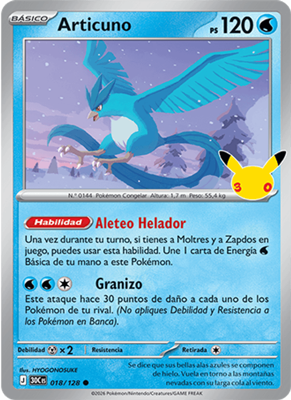 Articuno 018 — 30 Jahre (Spanish Pokémon TCG card)