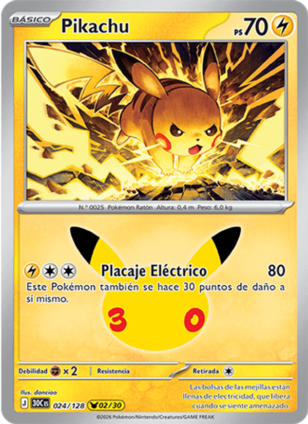 Pikachu 024 — 30 Jahre (Spanish Pokémon TCG card)
