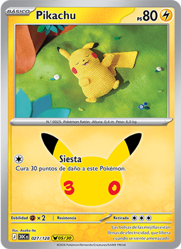 Pikachu 027 — 30 Jahre (Spanish Pokémon TCG card)