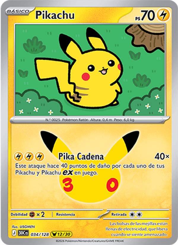 Pikachu 034 — 30 Jahre (Spanish Pokémon TCG card)