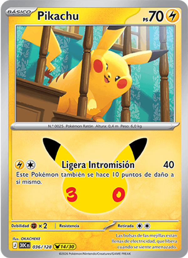 Pikachu 036 — 30 Jahre (Spanish Pokémon TCG card)