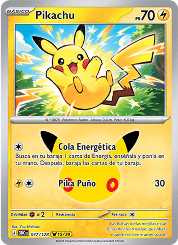Pikachu 037 — 30 Jahre (Spanish Pokémon TCG card)