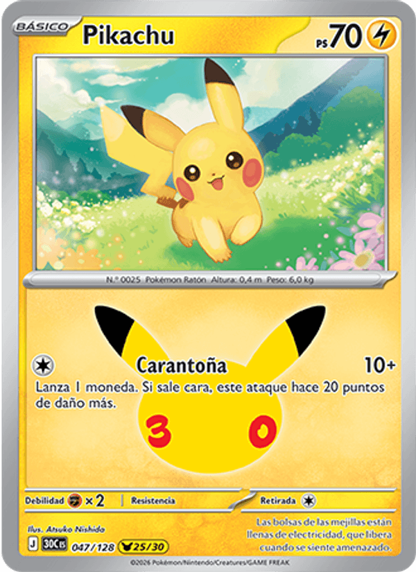 Pikachu 047 — 30 Jahre (Spanish Pokémon TCG card)